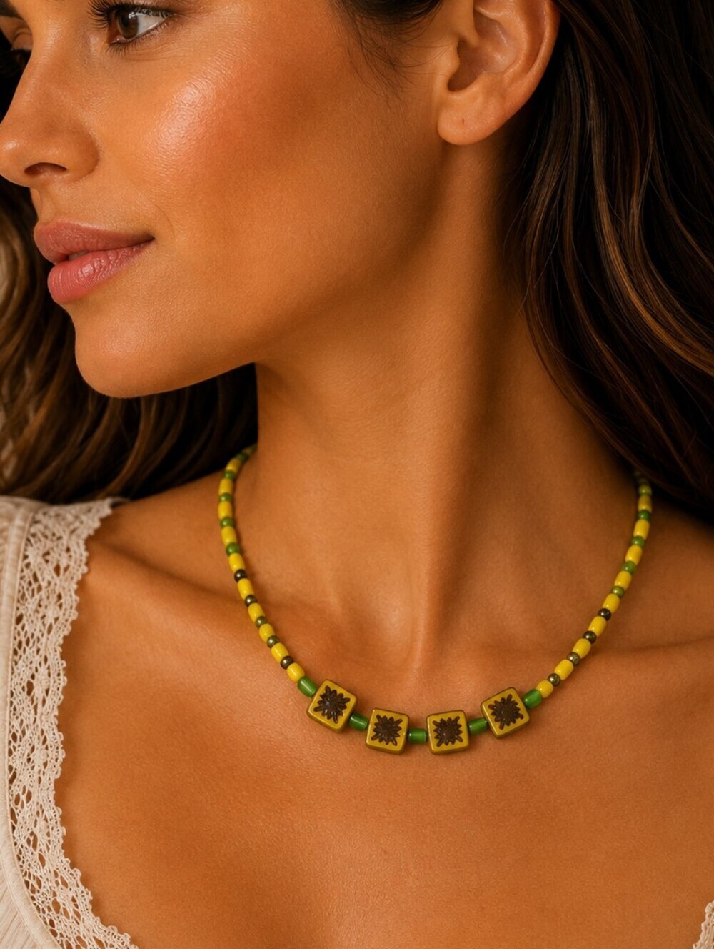 HANDMADE Canary Yellow Table Cut Czech Glass Beaded Necklace